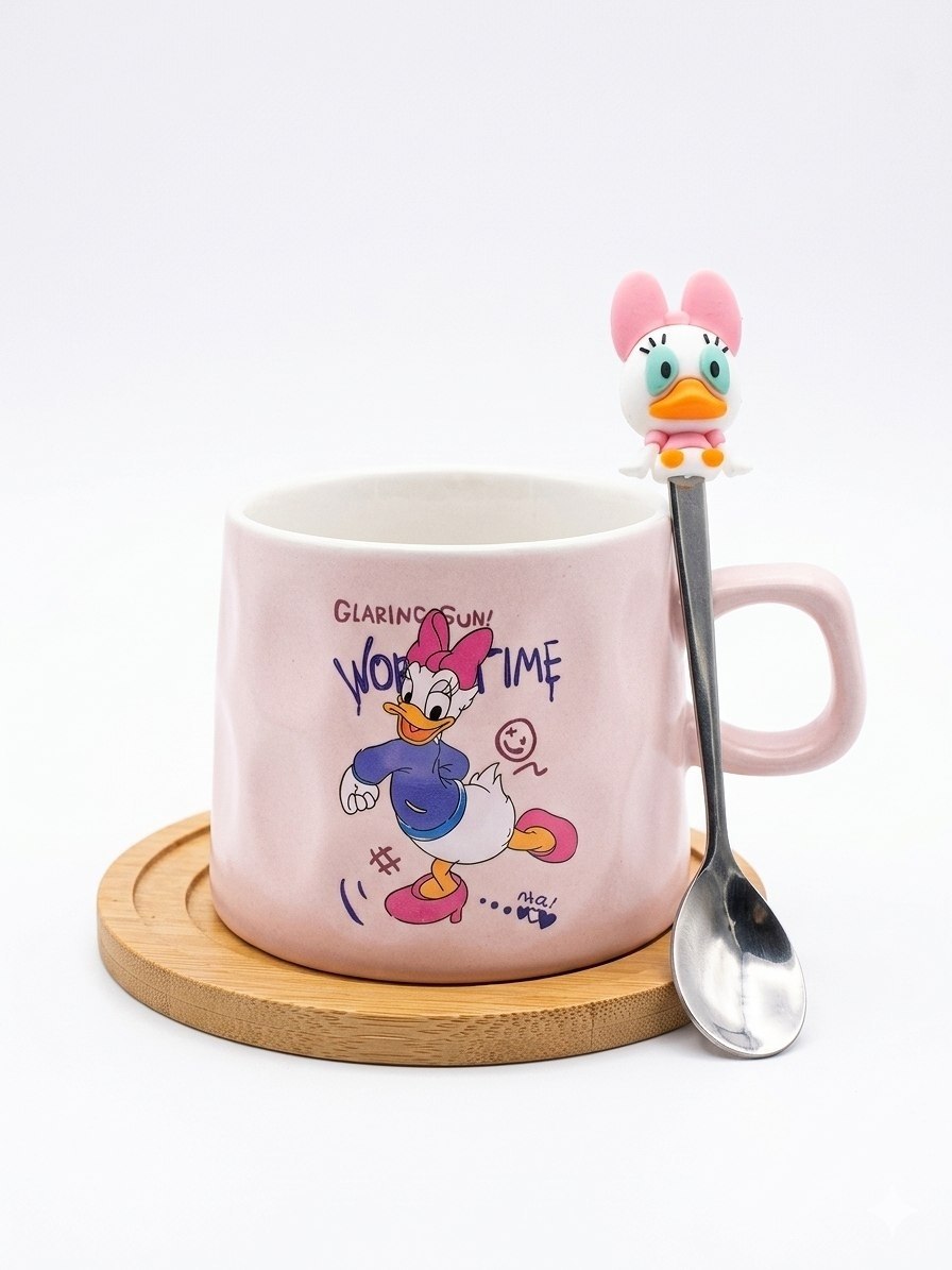 Daisy Duck cup with wooden coaster and spoon