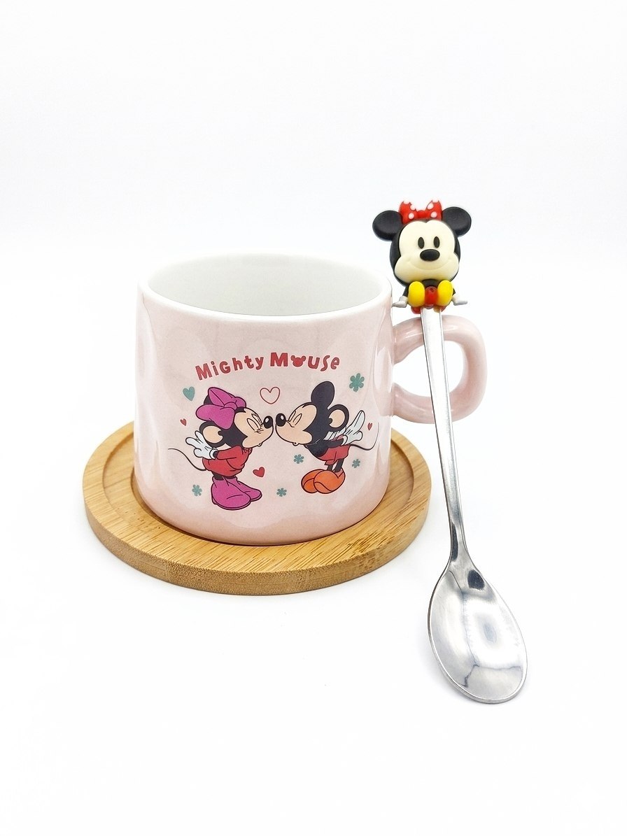 Pink Mickey and Minnie Mouse mug with wooden coaster and spoon