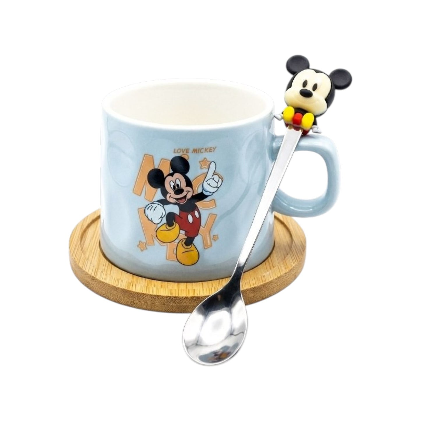 Mickey Mouse mug with wooden coaster and spoon