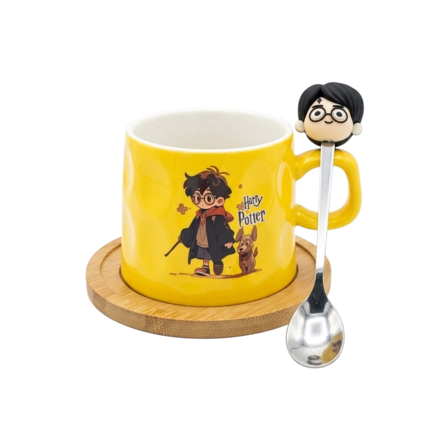 Harry Potter yellow mug with a wooden coaster and spoon