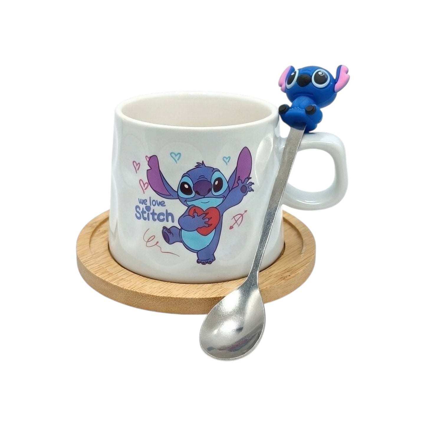 Stitch cup with wooden coaster and spoon