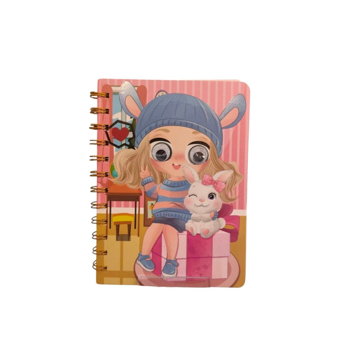 Spiral-bound notebook with googly eyes