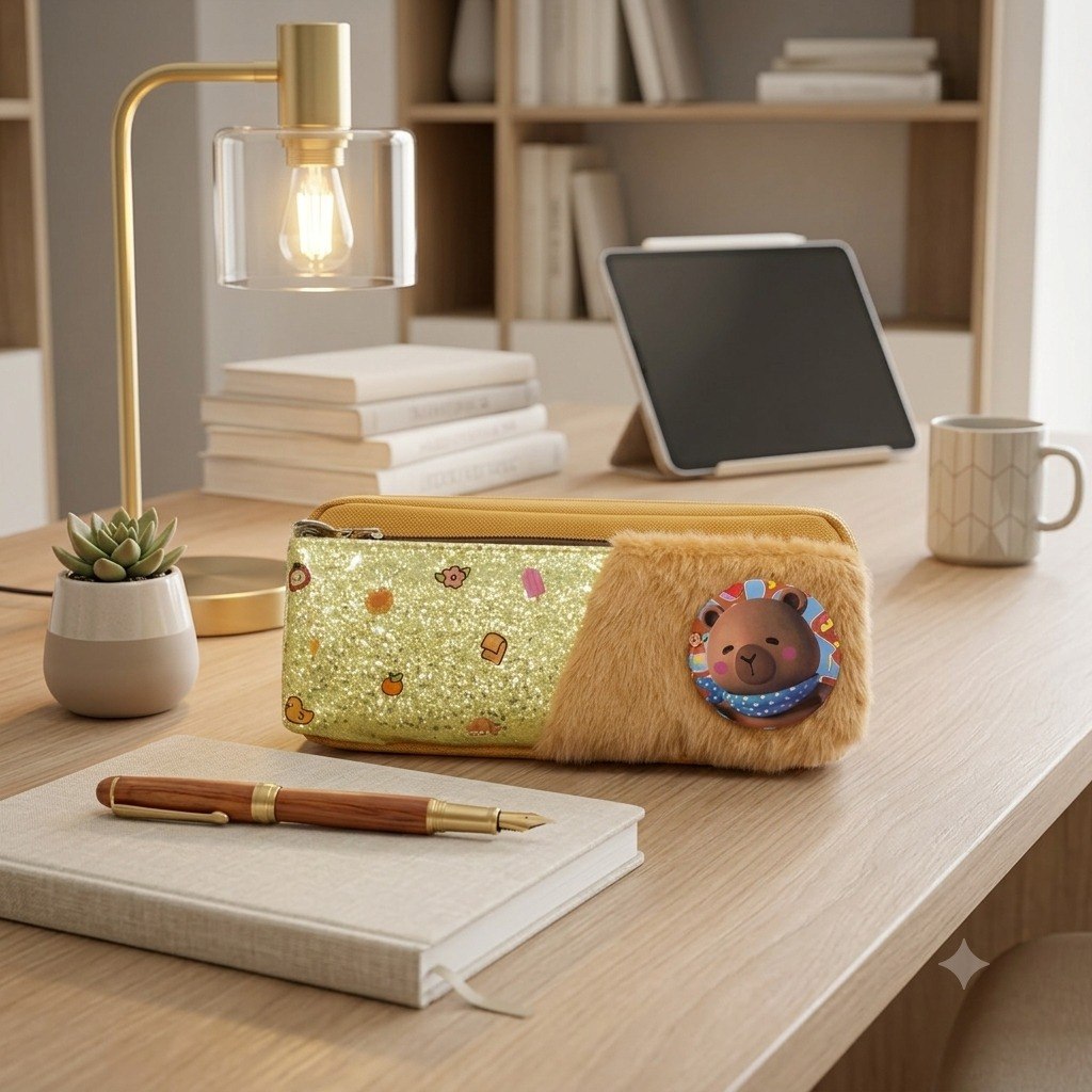 2-Zipper Fabric Pencil Case (Faux Fur & Leather) + Capybara Brooch