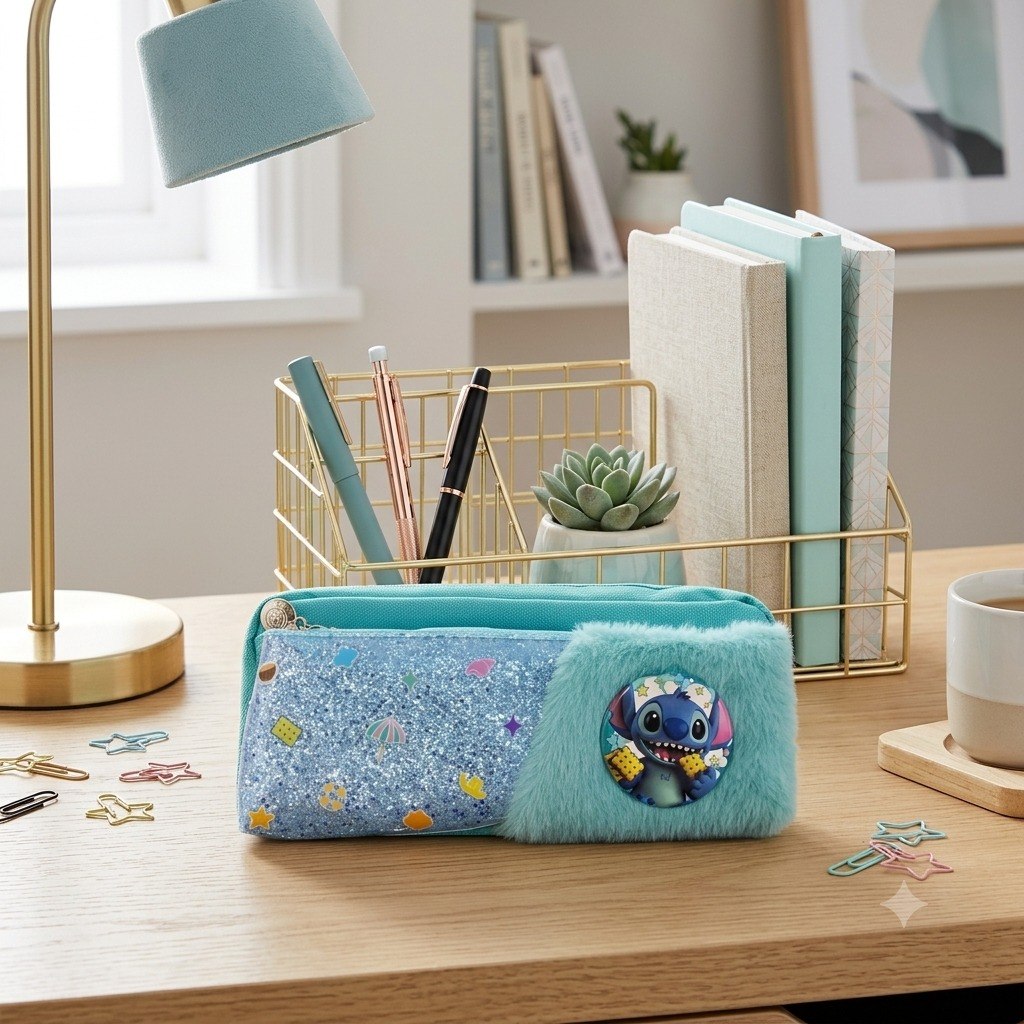 2-Zipper Fabric Pencil Case + Light Blue Stitch Pin