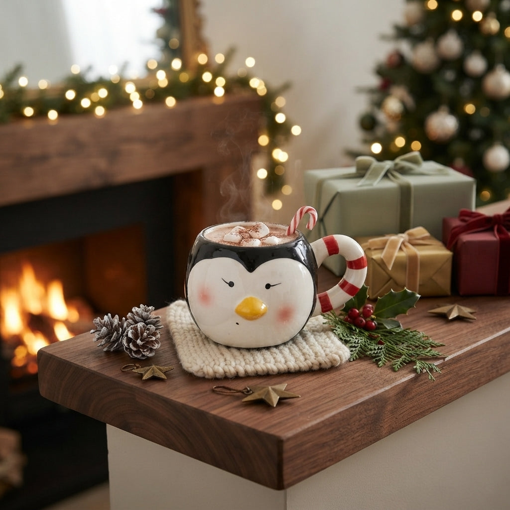 rounded ceramic mug shaped like a penguin's face