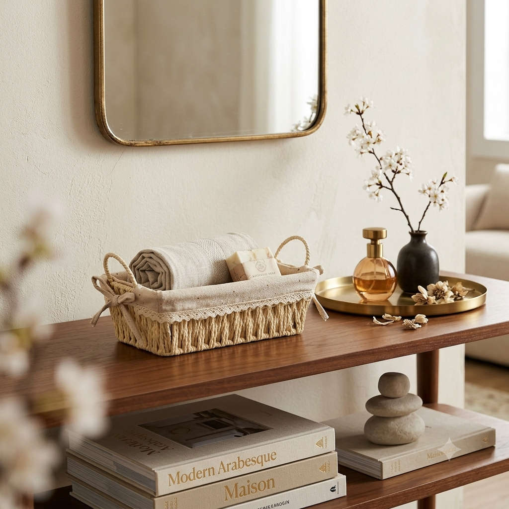 Rectangular beige wicker and fabric basket
