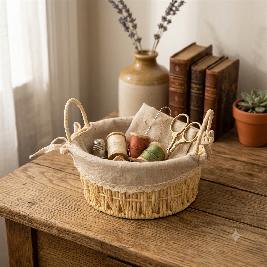 Oval beige fabric and wicker basket