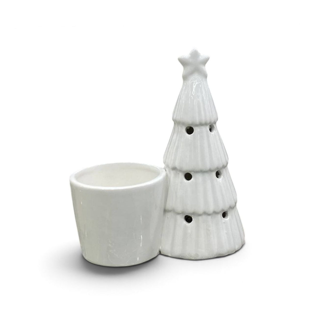 Lighted Christmas tree in a planter