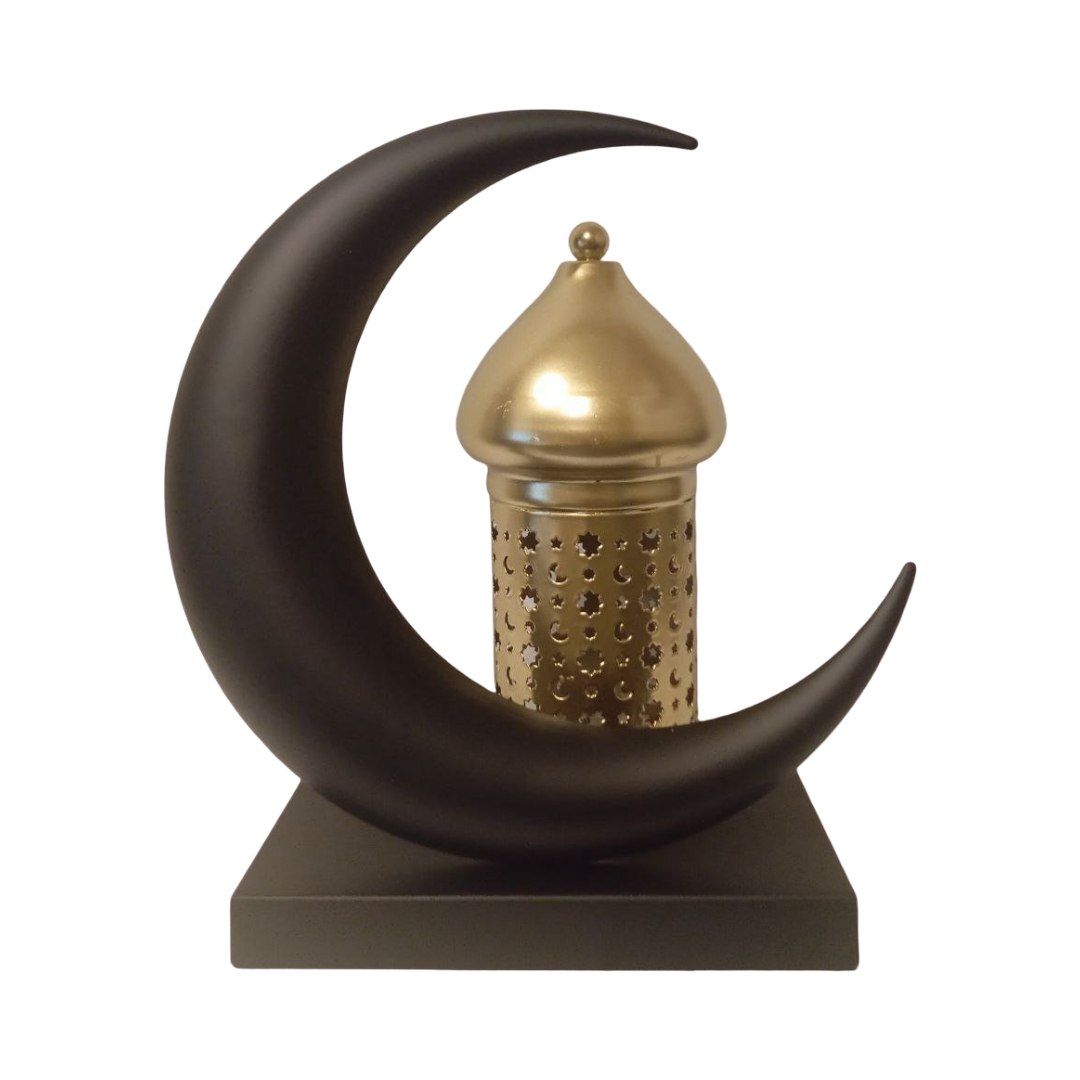 A black crescent with a golden minaret inside