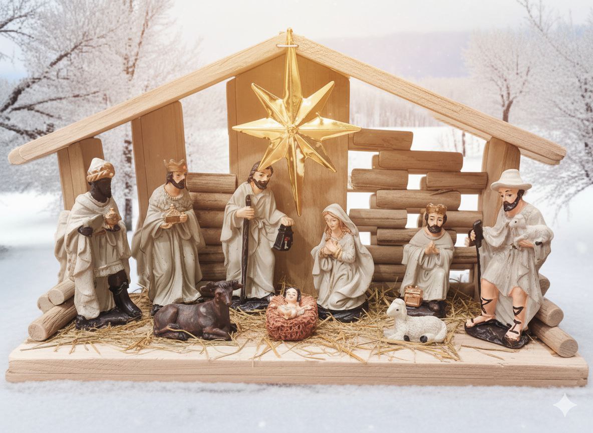 Cave statues inside a wooden manger