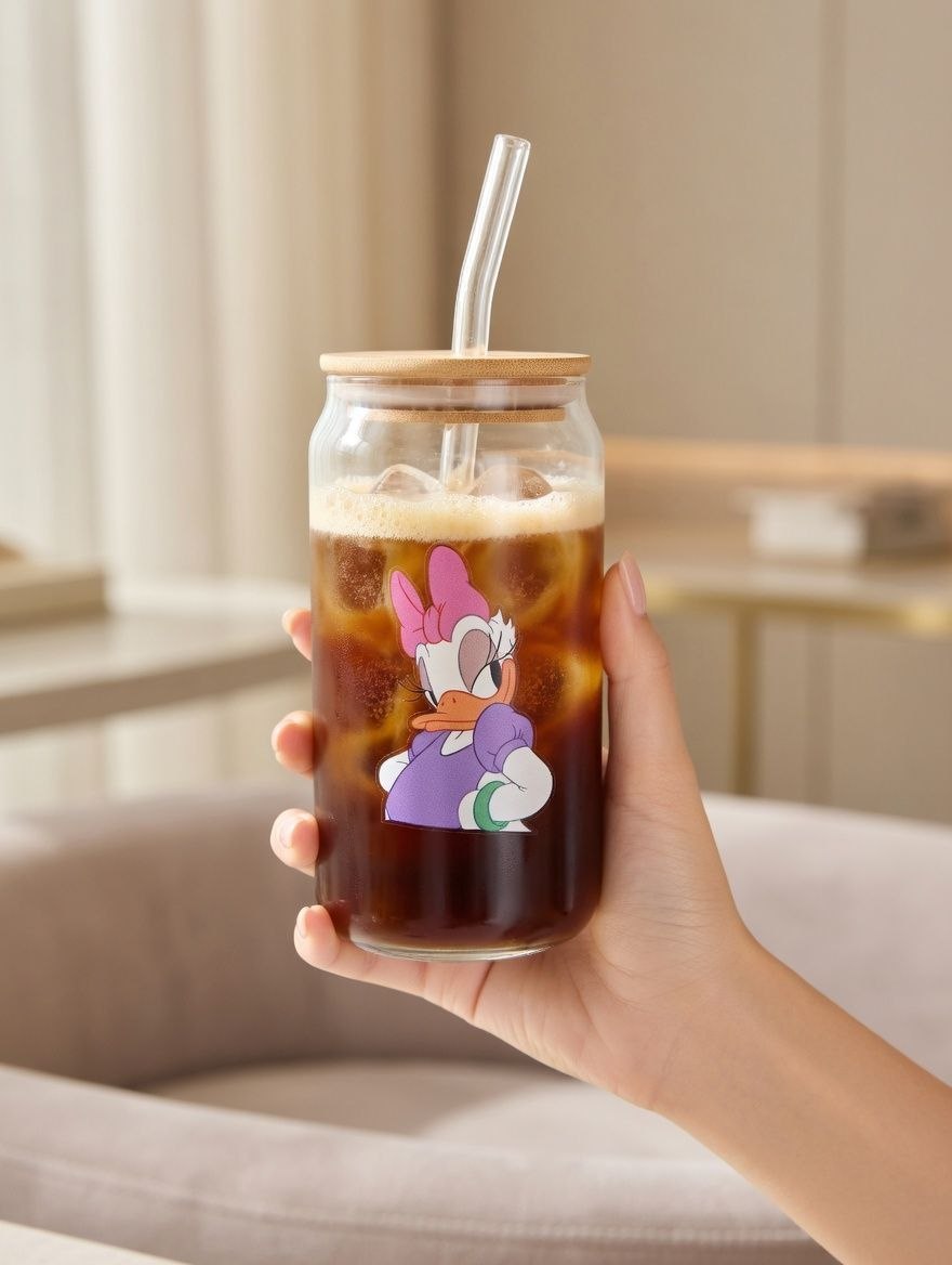 Glass mug with a straw