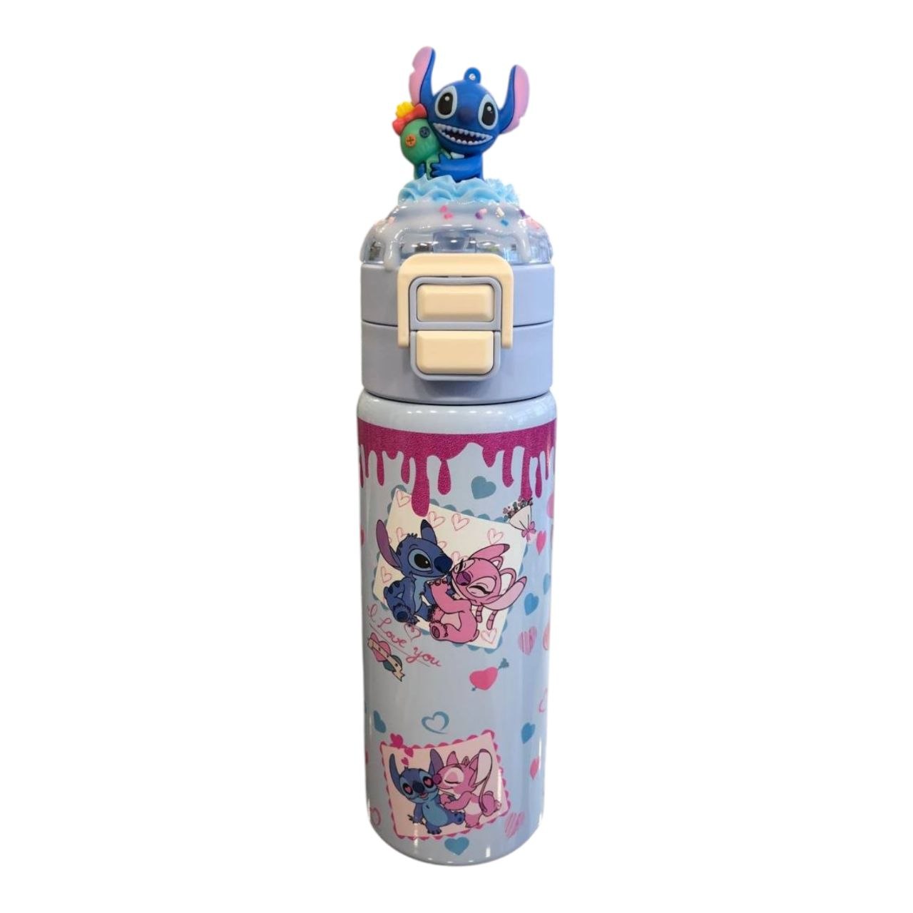 Stainless steel bottle with a light blue Stitch figure.