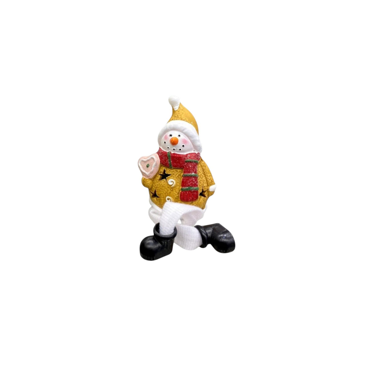 snowman sitting with lights.
