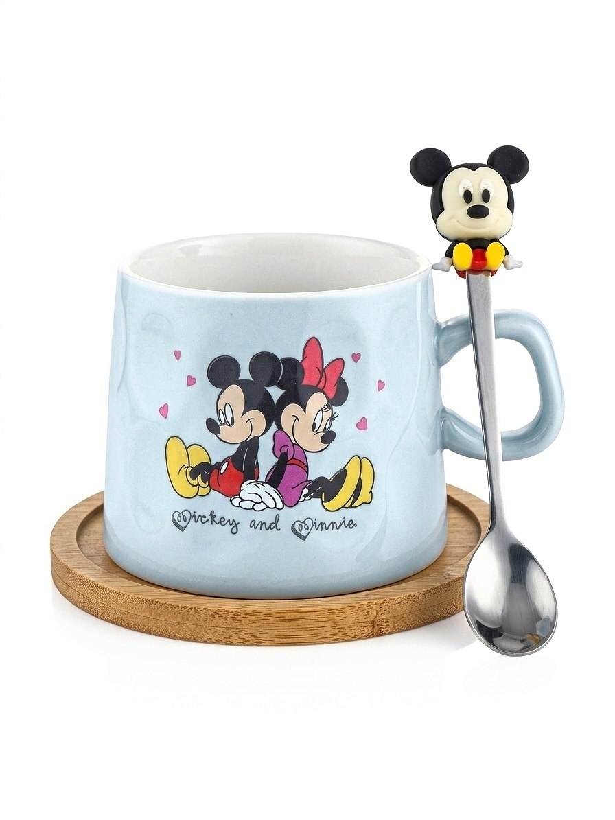 Mickey and Minnie Mouse mug with wooden coaster and spoon