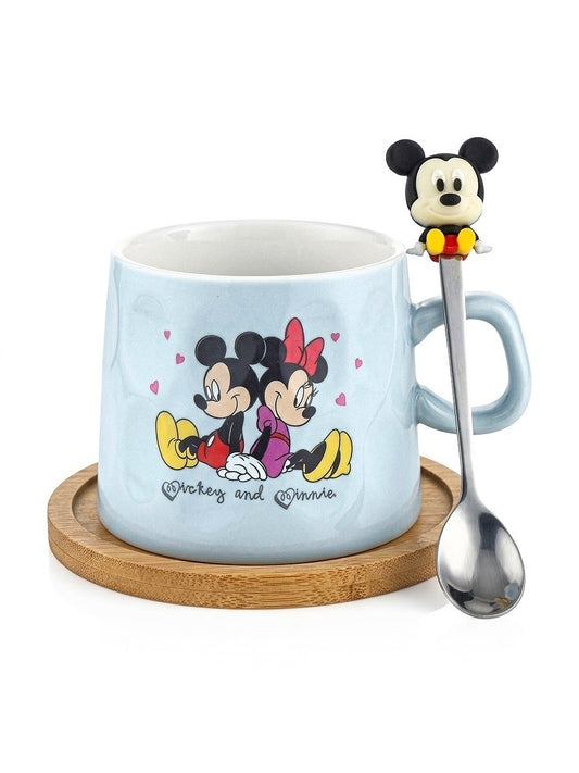 Mickey and Minnie Mouse mug with wooden coaster and spoon