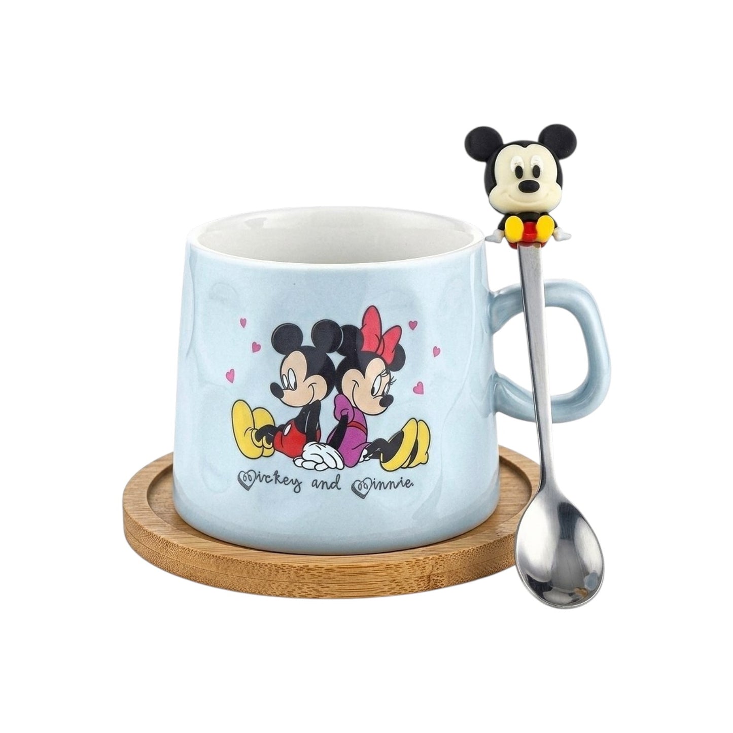 Mickey and Minnie Mouse mug with wooden coaster and spoon