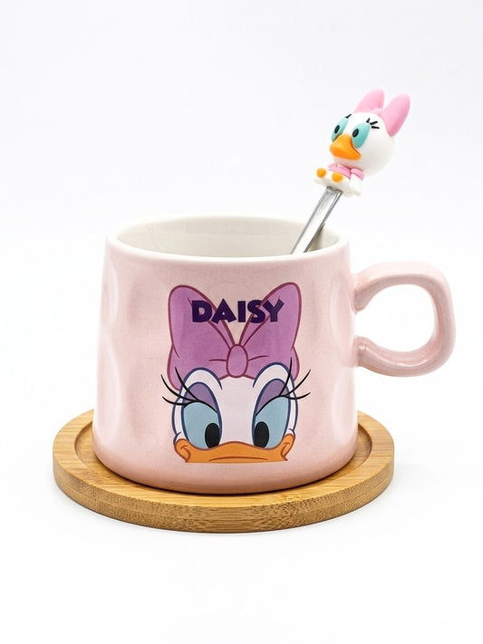 Daisy Duck cup with flip-top lid, wooden coaster, and spoon