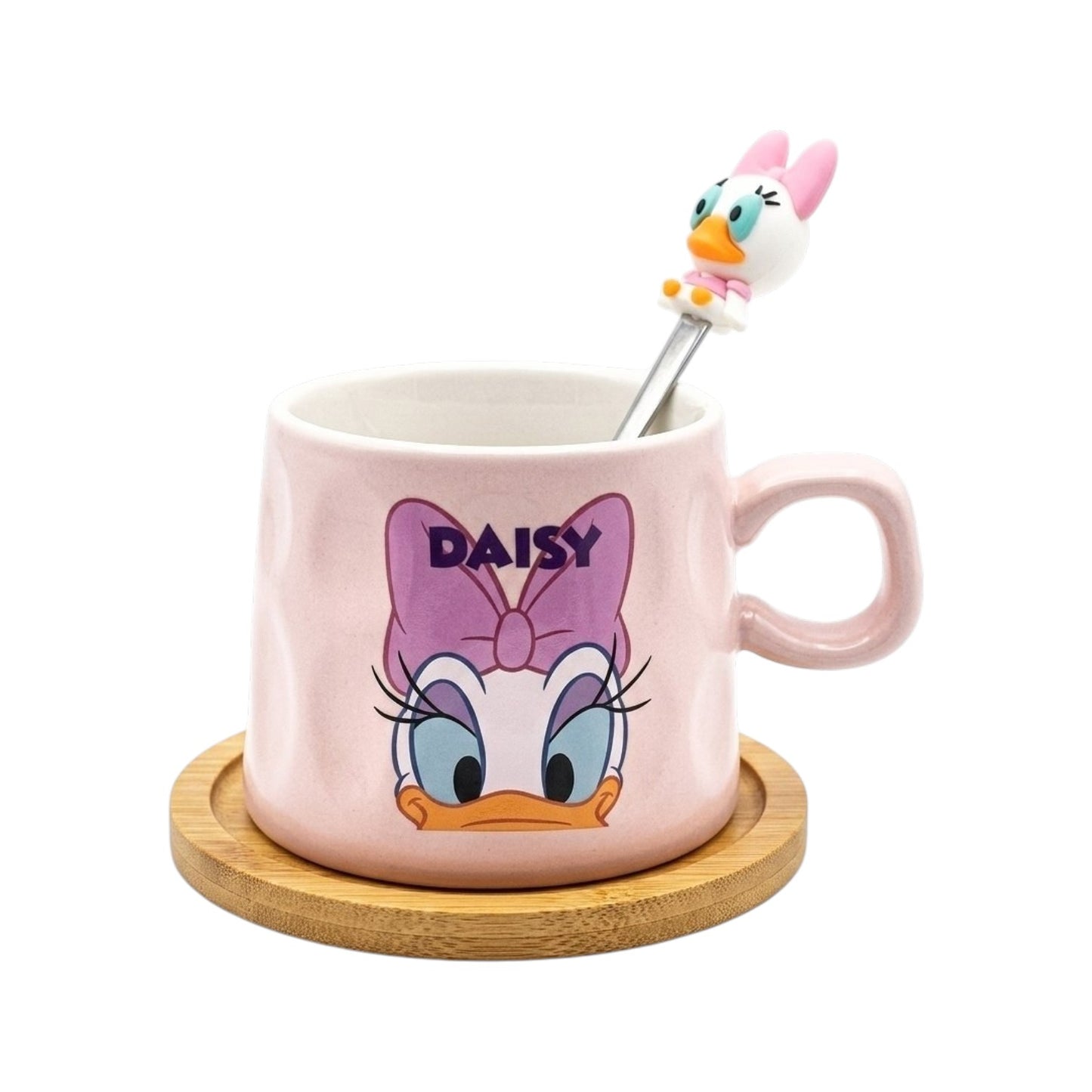 Daisy Duck cup with flip-top lid, wooden coaster, and spoon