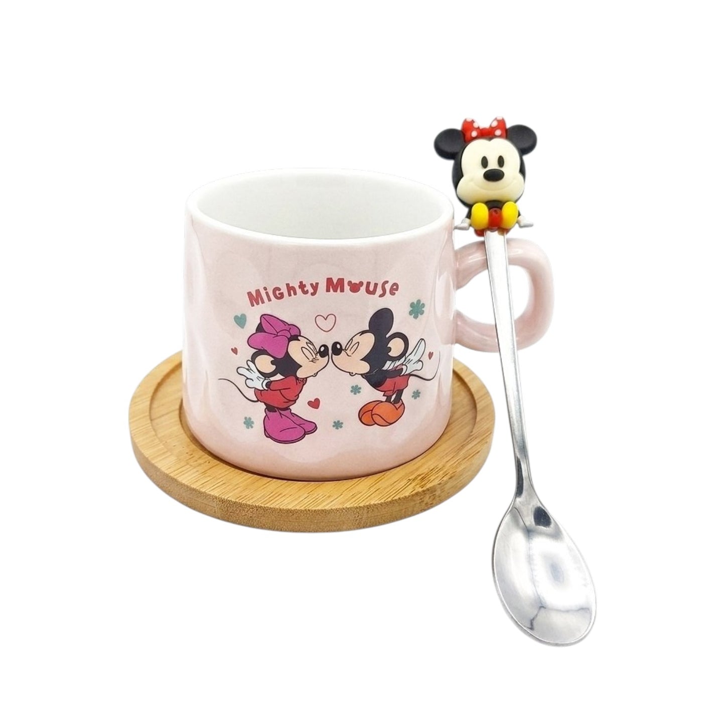 Pink Mickey and Minnie Mouse mug with wooden coaster and spoon