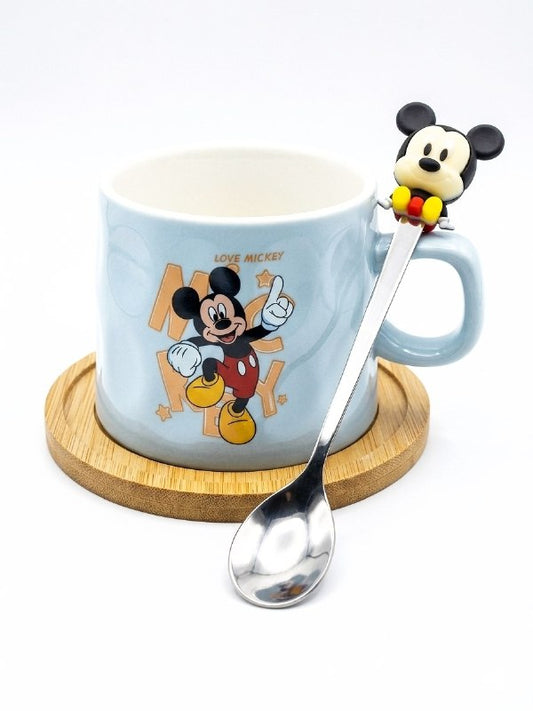 Mickey Mouse mug with wooden coaster and spoon