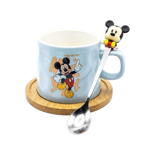 Mickey Mouse mug with wooden coaster and spoon