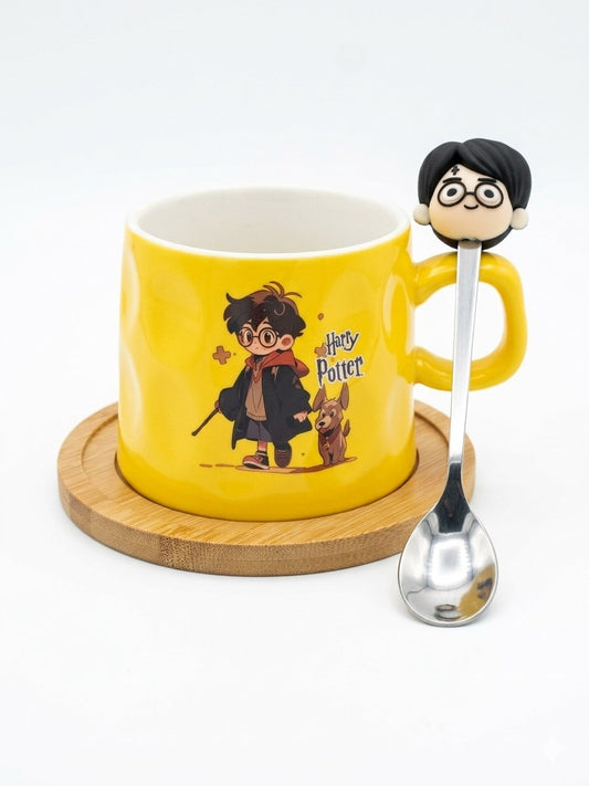 Harry Potter yellow mug with a wooden coaster and spoon