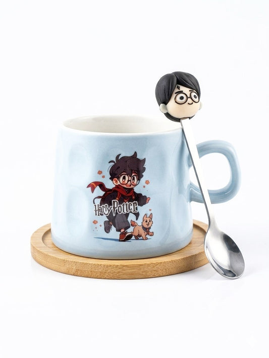 Harry Potter blue mug with a wooden coaster and spoon