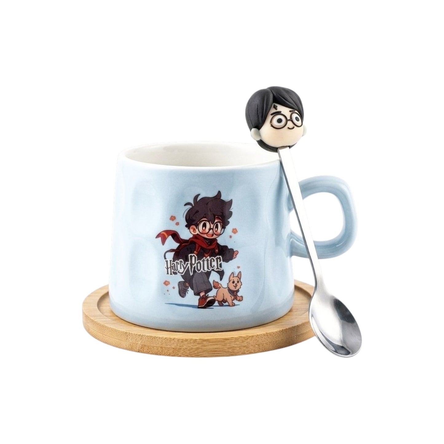 Harry Potter blue mug with a wooden coaster and spoon
