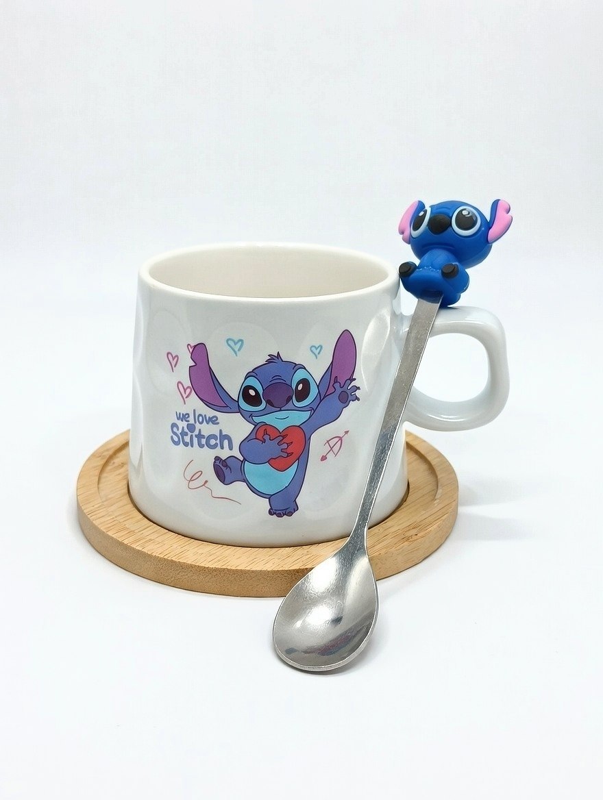 Stitch cup with wooden coaster and spoon
