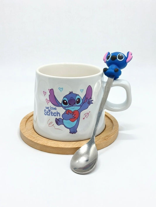 Stitch cup with wooden coaster and spoon