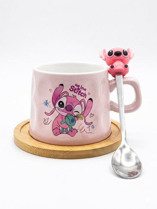 Pink Stitch mug with wooden coaster and spoon
