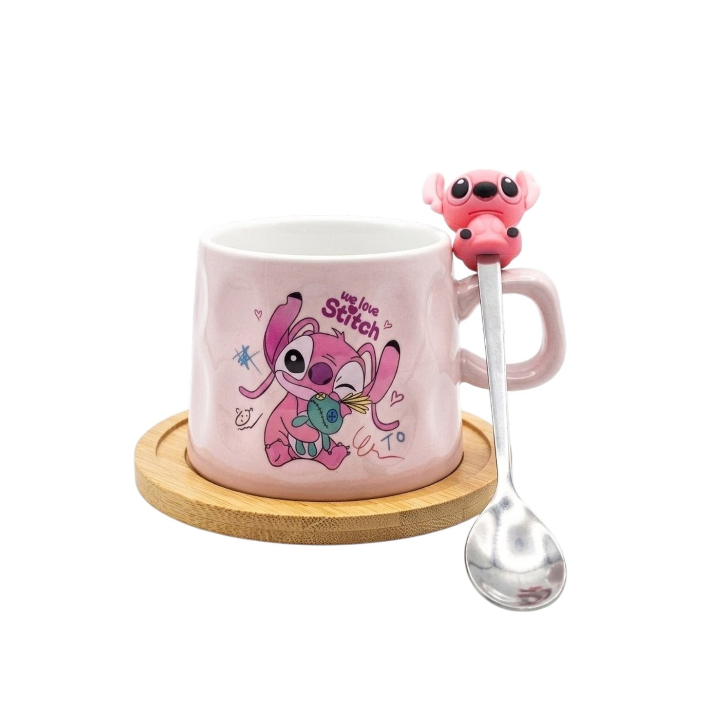 Pink Stitch mug with wooden coaster and spoon
