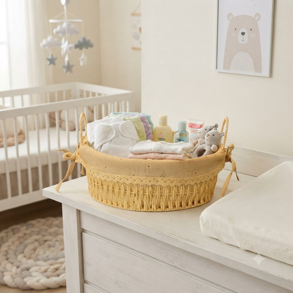 Oval beige fabric and wicker basket
