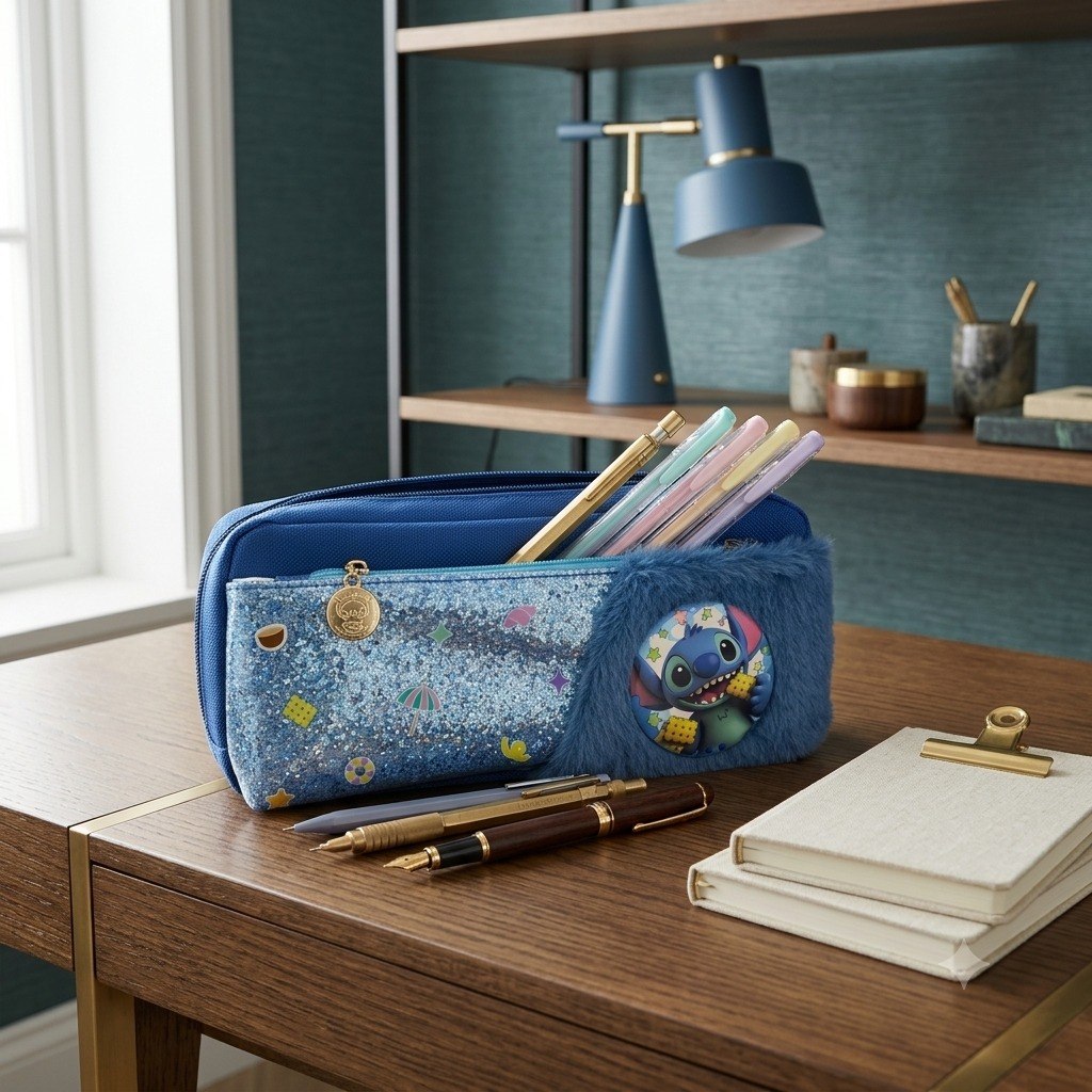 2-Zipper Fabric Pencil Case (Faux Leather & Fur) + Blue Stitch Brooch