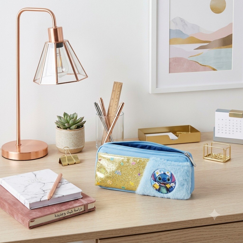 2-Zipper Fabric Pencil Case + Light Blue Stitch Pin