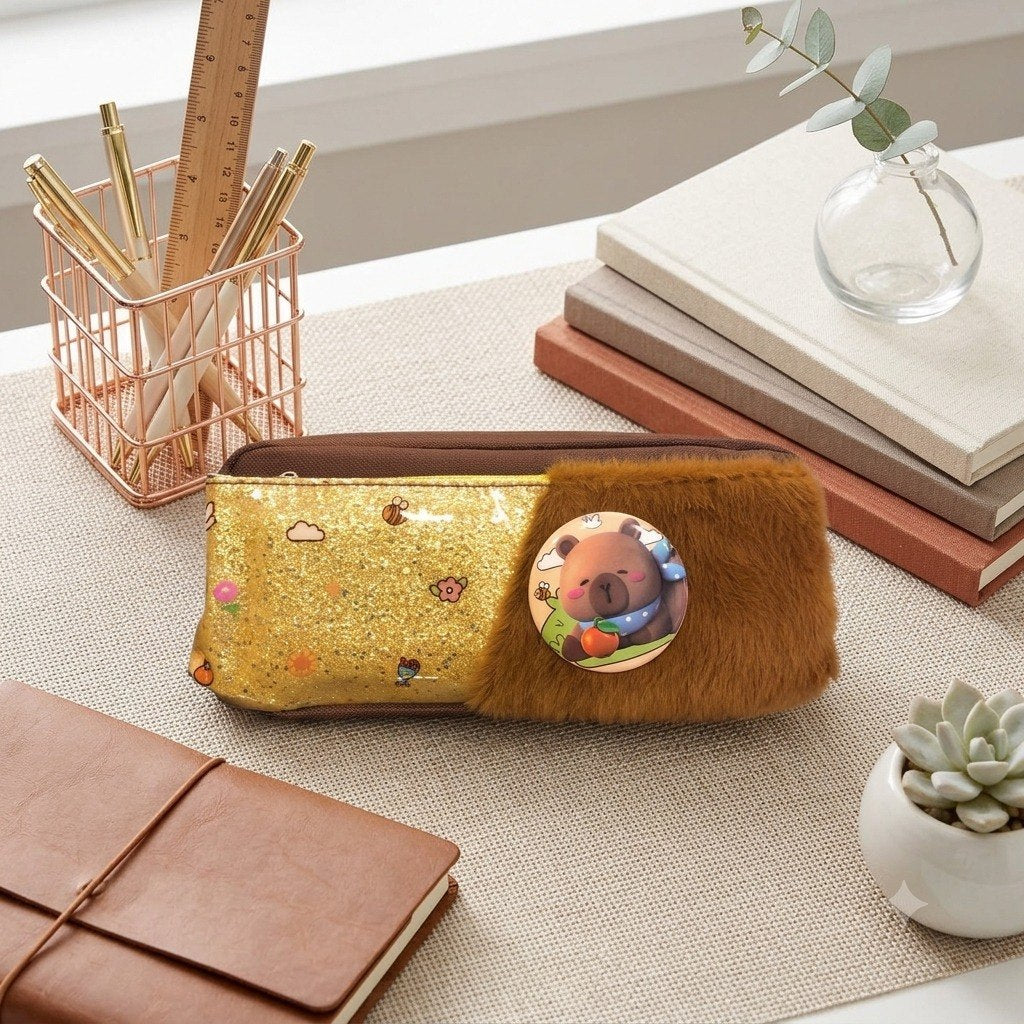 2-Zipper Fabric Pencil Case (Faux Fur & Leather) + Capybara Brooch