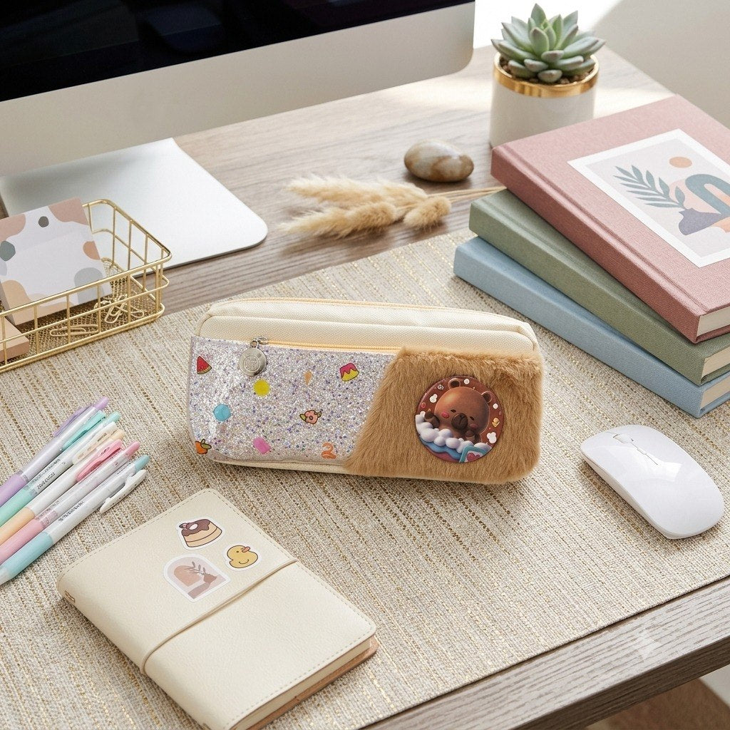2-Zipper Fabric Pencil Case (Faux Fur & Leather) + Capybara Brooch