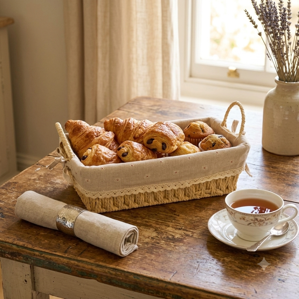 Rectangular beige wicker and fabric basket