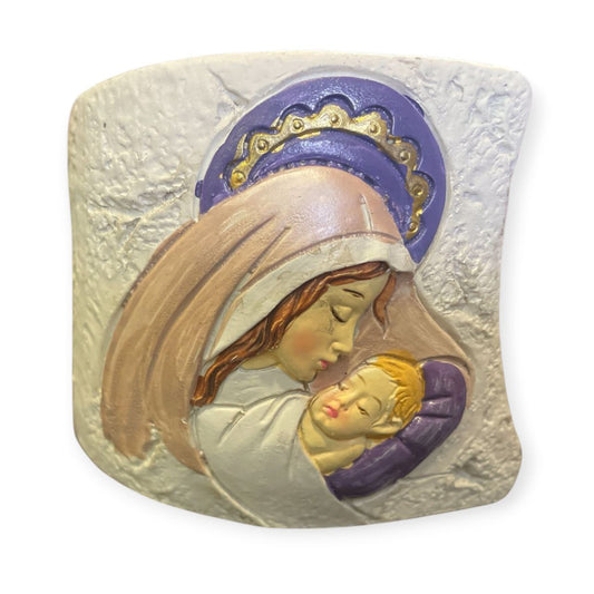Virgin Mary holding baby Jesus half circle