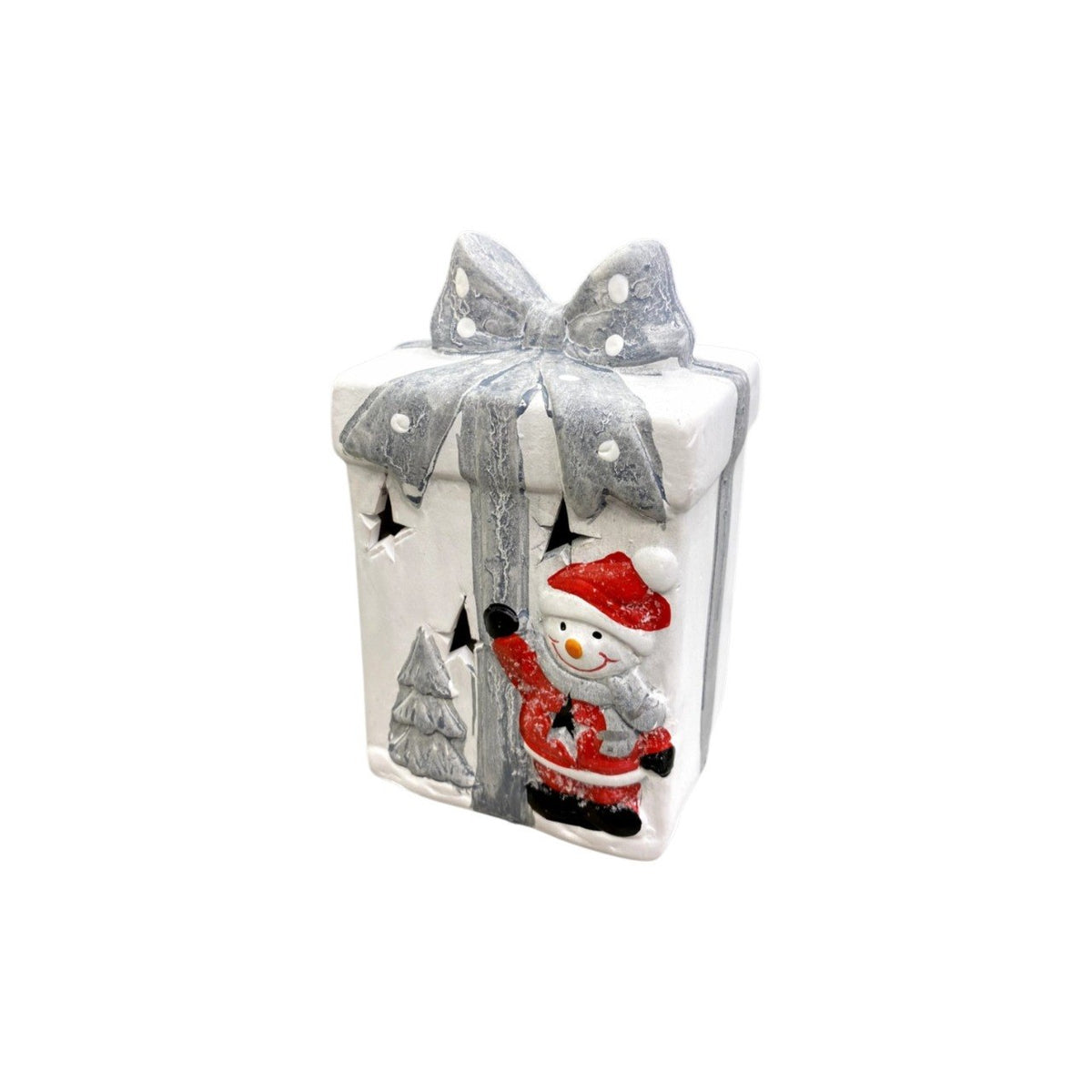 A light-up statue shaped like a gift box.