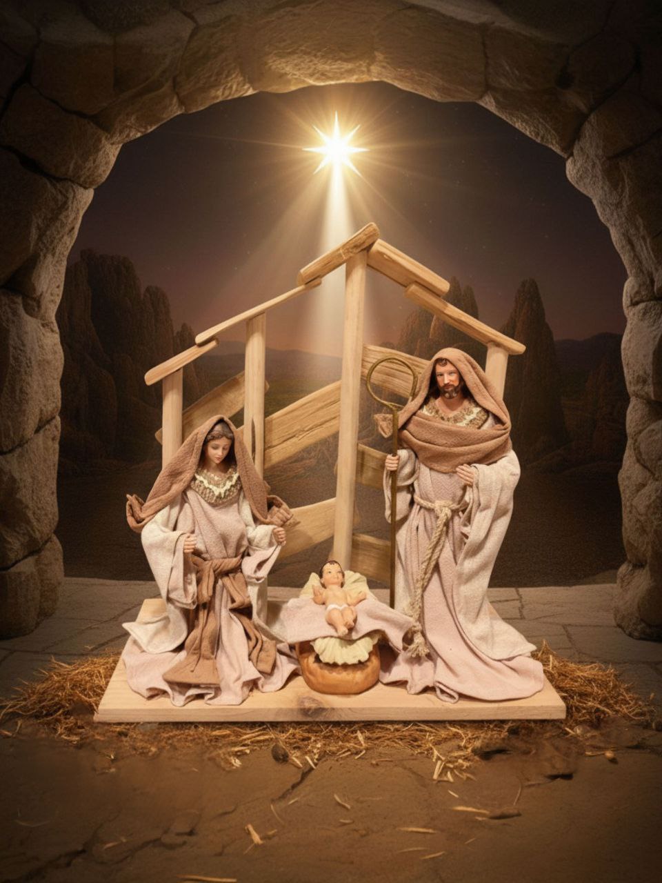 The Holy Family inside the wooden manger