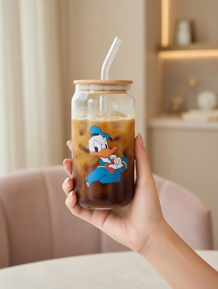Glass mug with a straw