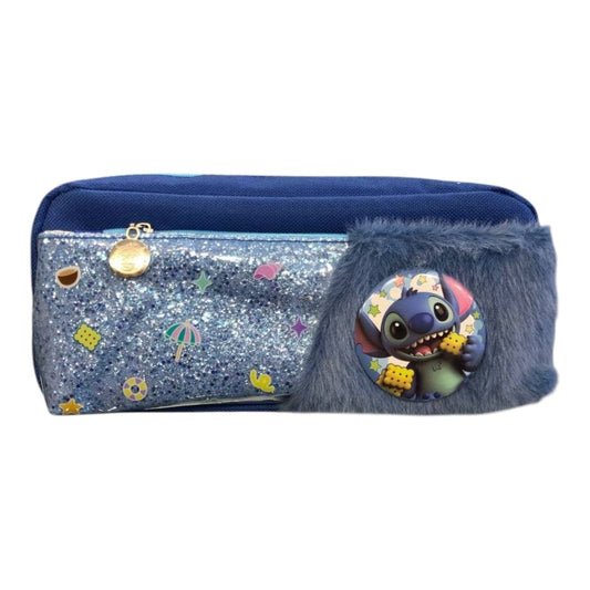 2-Zipper Fabric Pencil Case (Faux Leather & Fur) + Blue Stitch Brooch
