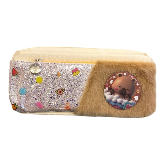 2-Zipper Fabric Pencil Case (Faux Fur & Leather) + Capybara Brooch