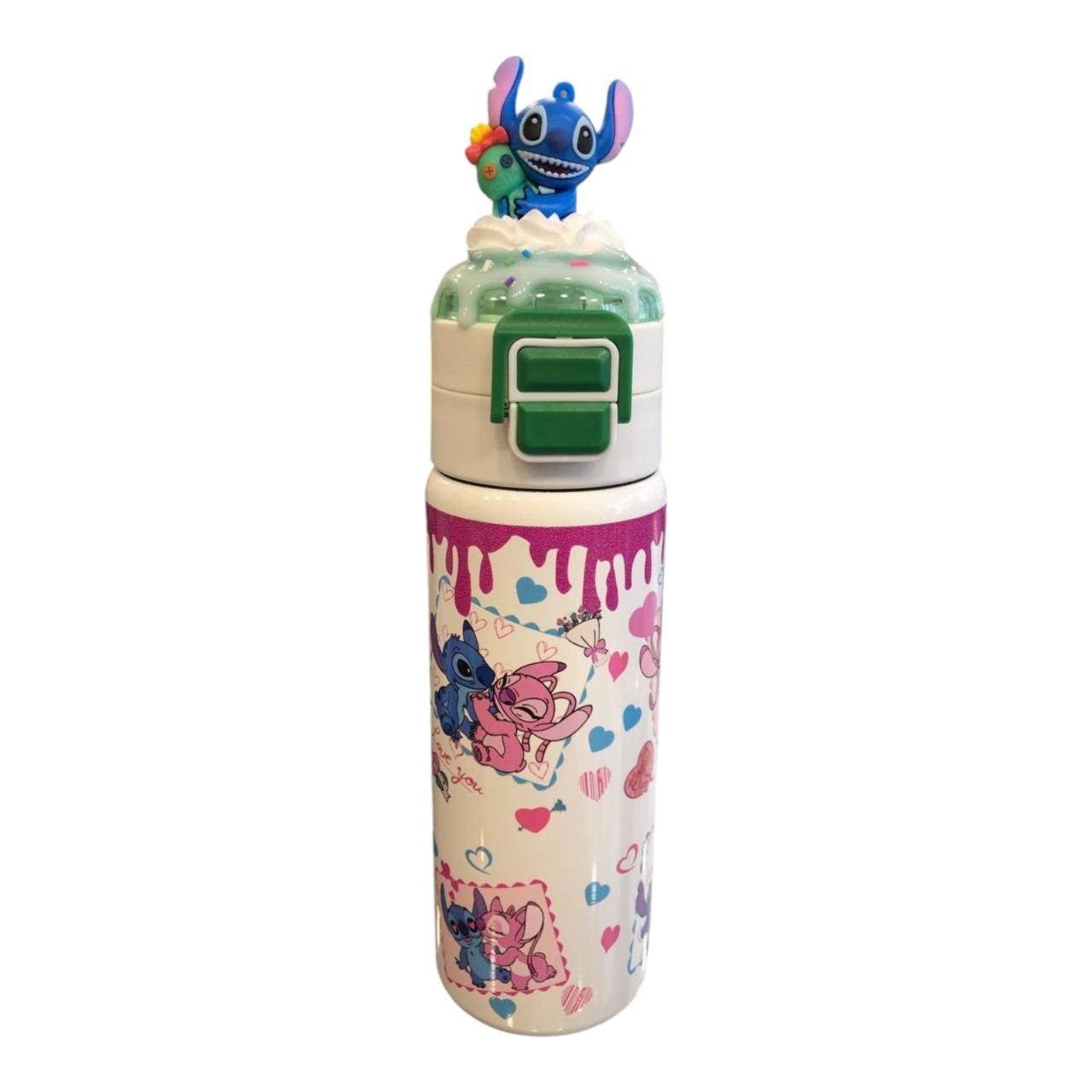 Stainless steel bottle with a white Stitch figure.