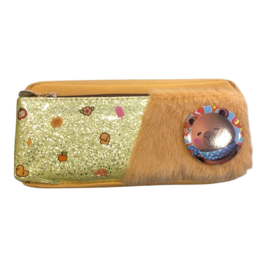 2-Zipper Fabric Pencil Case (Faux Fur & Leather) + Capybara Brooch