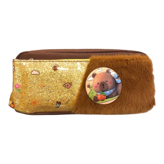 2-Zipper Fabric Pencil Case (Faux Fur & Leather) + Capybara Brooch
